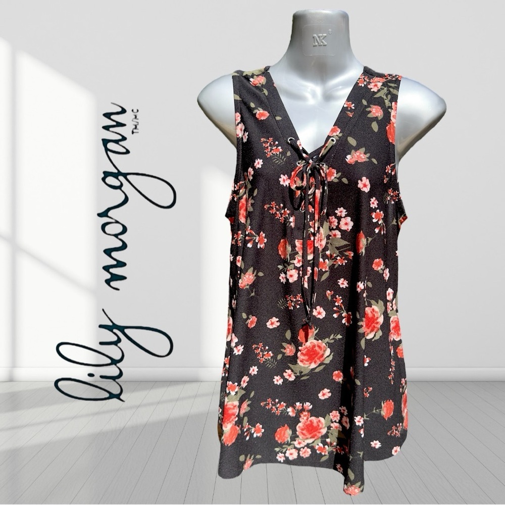 🌸3/$25🌸 Lily Morgan Womens Floral Lace Up V Neck Sleeveless Blouse Size Medium